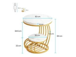 Mesa de apoio em mármore artificial de dois andares, Mesa de cabeceira moderna em ouro branco com moldura em forma de arco em metal para sala (1 unidade)