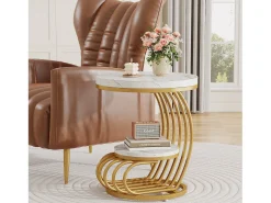 Mesa de apoio em mármore artificial de dois andares, Mesa de cabeceira moderna em ouro branco com moldura em forma de arco em metal para sala (1 unidade)