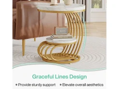 Mesa de apoio em mármore artificial de dois andares, Mesa de cabeceira moderna em ouro branco com moldura em forma de arco em metal para sala (1 unidade)