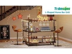 Mesa de bar em formato de L, Mesa para bebidas com três níveis, mesa de bistrô com estante para vinhos e suporte para copos de vinho, marrom rústico