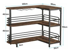 Mesa de bar em formato de L, Mesa para bebidas com três níveis, mesa de bistrô com estante para vinhos e suporte para copos de vinho, marrom rústico