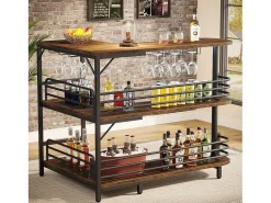 Mesa de bar em formato de L, Mesa para bebidas com três níveis, mesa de bistrô com estante para vinhos e suporte para copos de vinho, marrom rústico