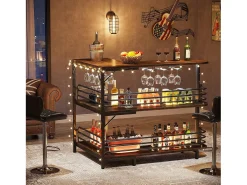 Mesa de bar em formato de L, Mesa para bebidas com três níveis, mesa de bistrô com estante para vinhos e suporte para copos de vinho, marrom rústico
