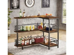 Mesa de bar em formato de L, Mesa para bebidas com três níveis, mesa de bistrô com estante para vinhos e suporte para copos de vinho, marrom rústico