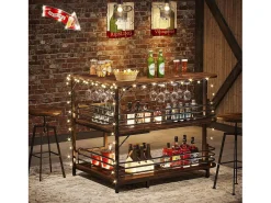 Mesa de bar em formato de L, Mesa para bebidas com três níveis, mesa de bistrô com estante para vinhos e suporte para copos de vinho, marrom rústico