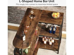 Mesa de bar em formato de L, Mesa para bebidas com três níveis, mesa de bistrô com estante para vinhos e suporte para copos de vinho, marrom rústico