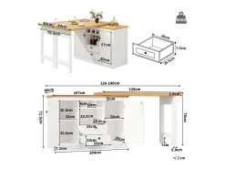 Mesa de bar extensível - 120/180 x 76 cm - com LEDs + 2 portas + 2 gavetas - rotação 360° - MDF - branco