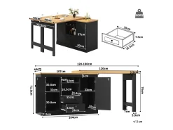 Mesa de bar extensível - 120/180 x 76 cm - com LEDs + 2 portas + 2 gavetas - rotação 360° - MDF - preta
