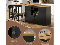 Mesa de bar extensível - 120/180 x 76 cm - com LEDs + 2 portas + 2 gavetas - rotação 360° - MDF - preta