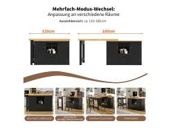 Mesa de bar extensível - 120/180 x 76 cm - com LEDs + 2 portas + 2 gavetas - rotação 360° - MDF - preta