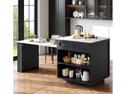 Mesa de bar extensível com arrumação - 133-202 x 70 x 93,5 cm - com 2 gavetas + 4 compartimentos - MDF - preta