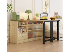 Mesa de bar extensível e rebatível, mesa de jantar com gaveta e 2 portas de vidro deslizantes, cor natural.