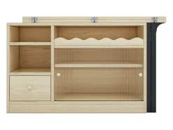 Mesa de bar extensível e rebatível, mesa de jantar com gaveta e 2 portas de vidro deslizantes, cor natural.