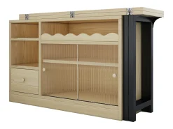 Mesa de bar extensível e rebatível, mesa de jantar com gaveta e 2 portas de vidro deslizantes, cor natural.