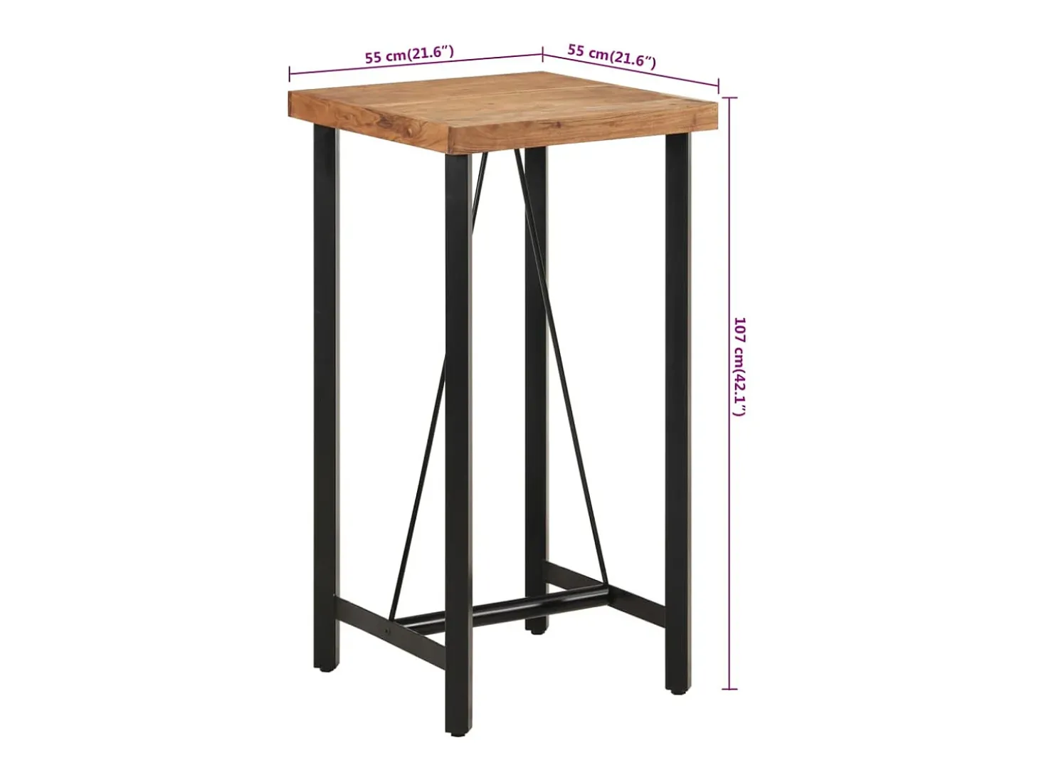 Mesa de bar 55x55x107 cm madeira de acácia maciça e ferro