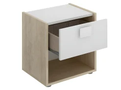 Mesa de cabeceira 1 gaveta. Cores: Carvalho e Branco. SONIA