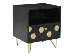 Mesa de cabeceira 1 gaveta e 1 nicho madeira de mangueira metal preto e dourado - BELORI