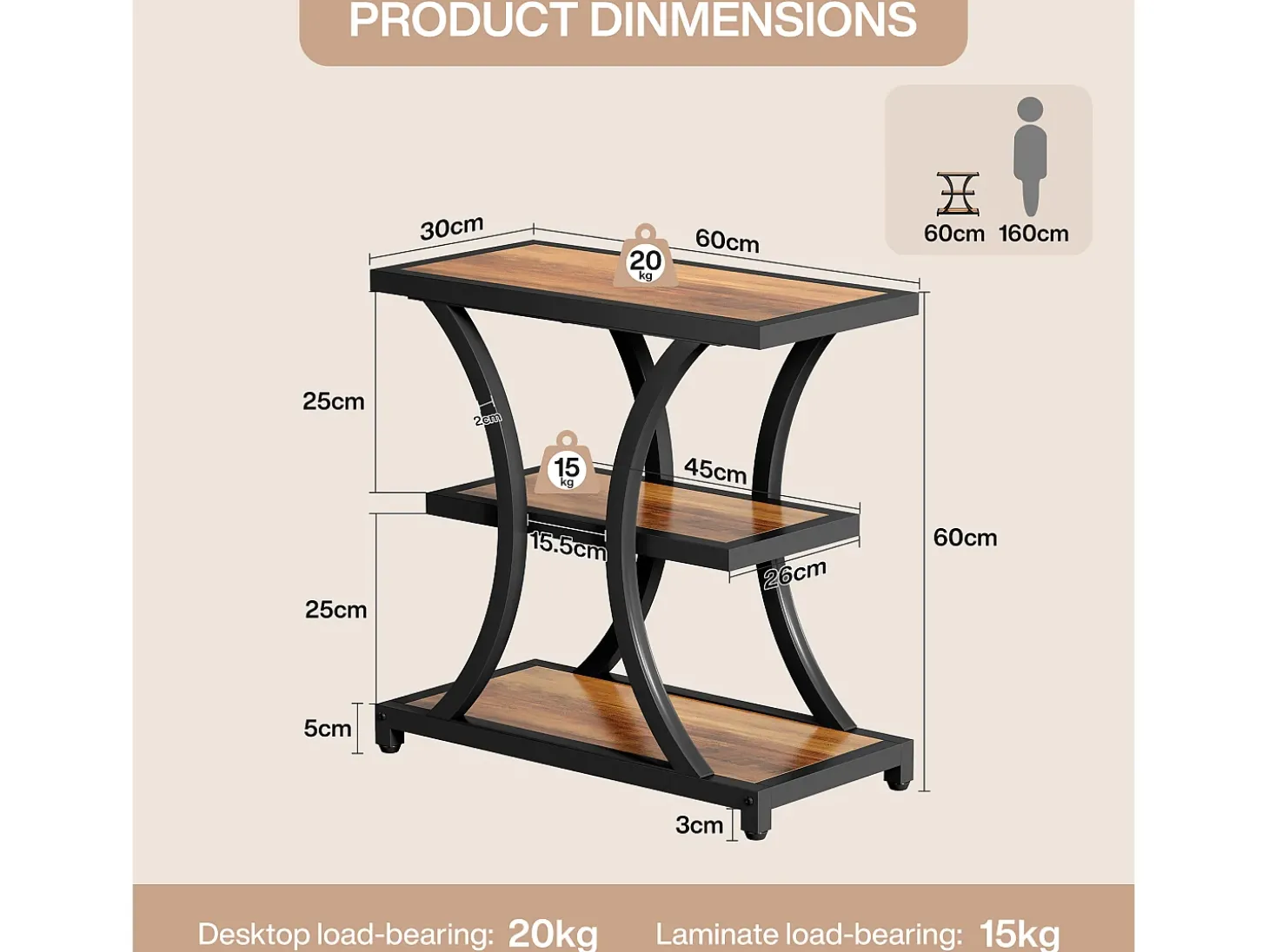 Mesa de Cabeceira com Armazenamento, Mesa Lateral de 3 Andares com Design Geométrico em Metal, Industrial