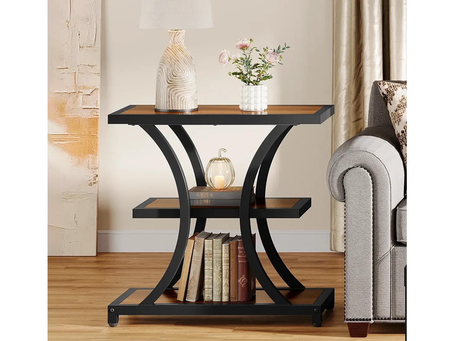 Mesa de Cabeceira com Armazenamento, Mesa Lateral de 3 Andares com Design Geométrico em Metal, Industrial