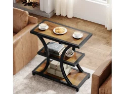 Mesa de Cabeceira com Armazenamento, Mesa Lateral de 3 Andares com Design Geométrico em Metal, Industrial