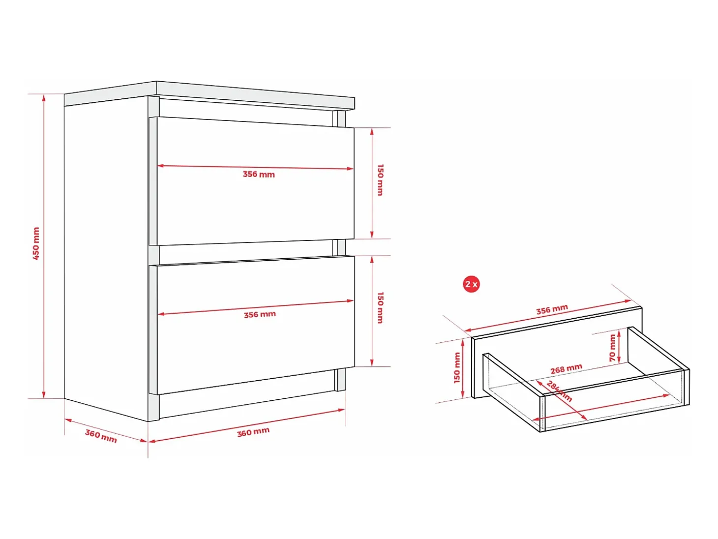 Mesa de cabeceira com duas gavetas – 45 × 36 × 36 cm – cor: Tijolo