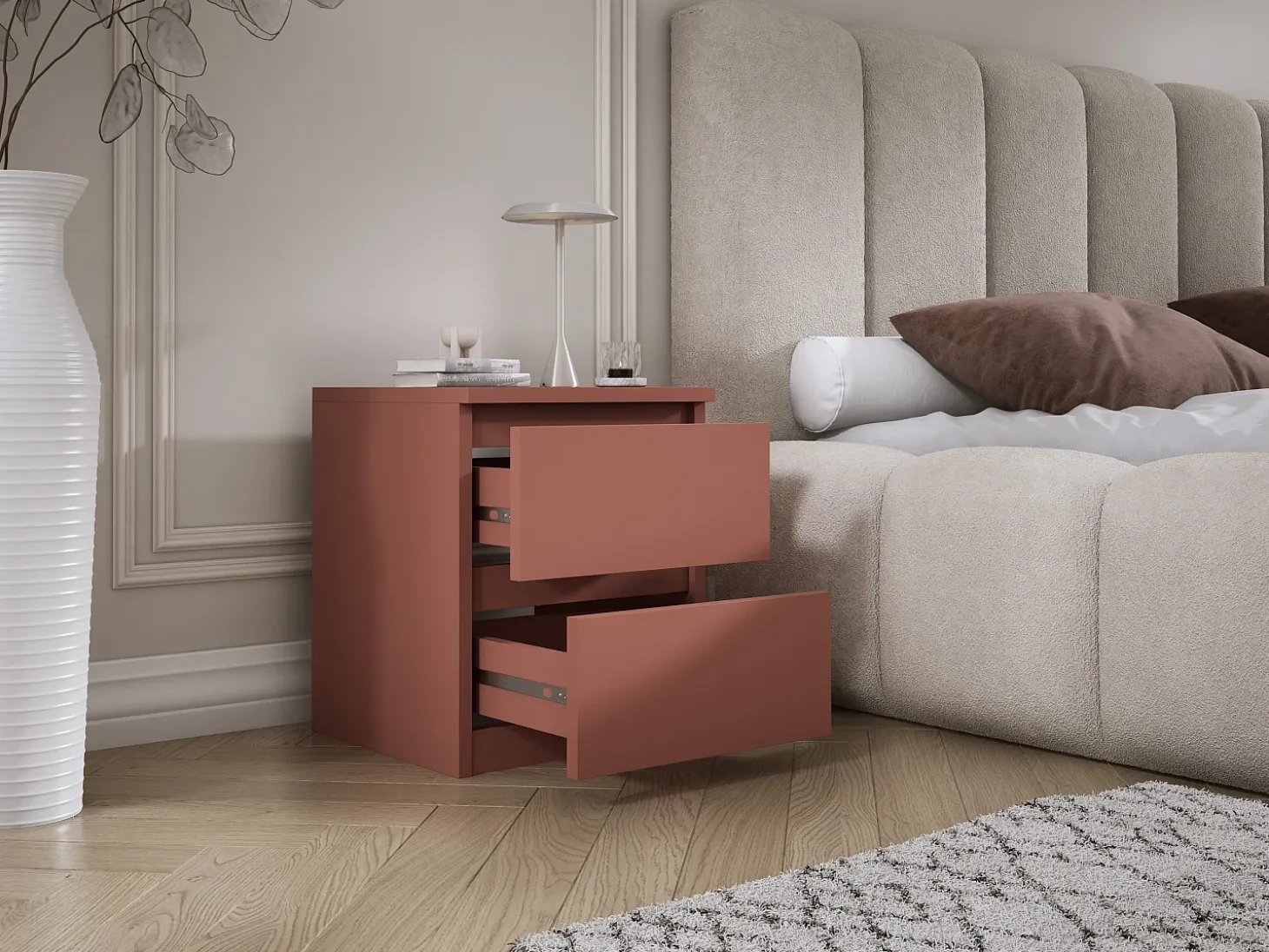 Mesa de cabeceira com duas gavetas – 45 × 36 × 36 cm – cor: Tijolo