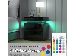 Mesa de cabeceira de alto brilho com luzes LED, gabinete de escravidão 2 gavetas Night Table Bedroom Móveis - 45x35x52cm - preto