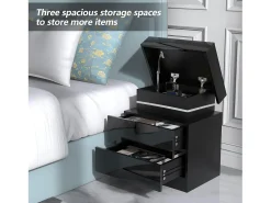 Mesa de cabeceira de alto brilho com luzes LED, gabinete de escravidão 2 gavetas Night Table Bedroom Móveis - 45x35x52cm - preto