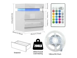Mesa de cabeceira de alto brilho com luzes LED, Drown Ouce 2 gavetas Night Table Bedroom Móveis - 45x35x52cm - Branco