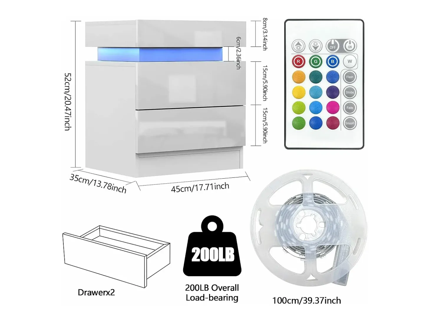 Mesa de cabeceira de alto brilho com luzes LED, Drown Ouce 2 gavetas Night Table Bedroom Móveis - 45x35x52cm - Branco