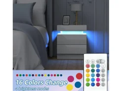 Mesa de cabeceira de alto brilho com luzes LED, Drown Ouce 2 gavetas Night Table Bedroom Móveis - 45x35x52cm - Branco