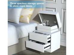 Mesa de cabeceira de alto brilho com luzes LED, Drown Ouce 2 gavetas Night Table Bedroom Móveis - 45x35x52cm - Branco