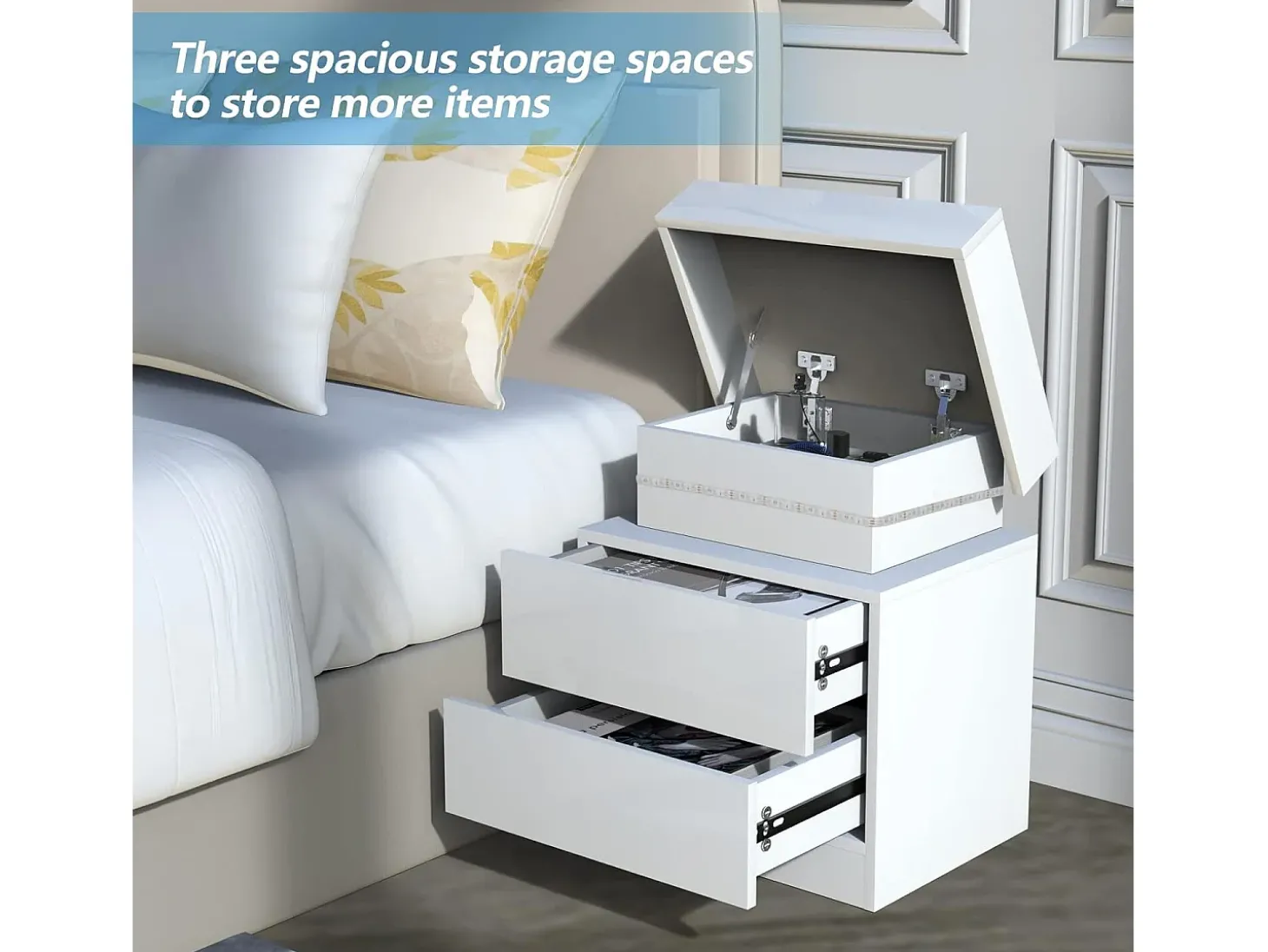 Mesa de cabeceira de alto brilho com luzes LED, Drown Ouce 2 gavetas Night Table Bedroom Móveis - 45x35x52cm - Branco