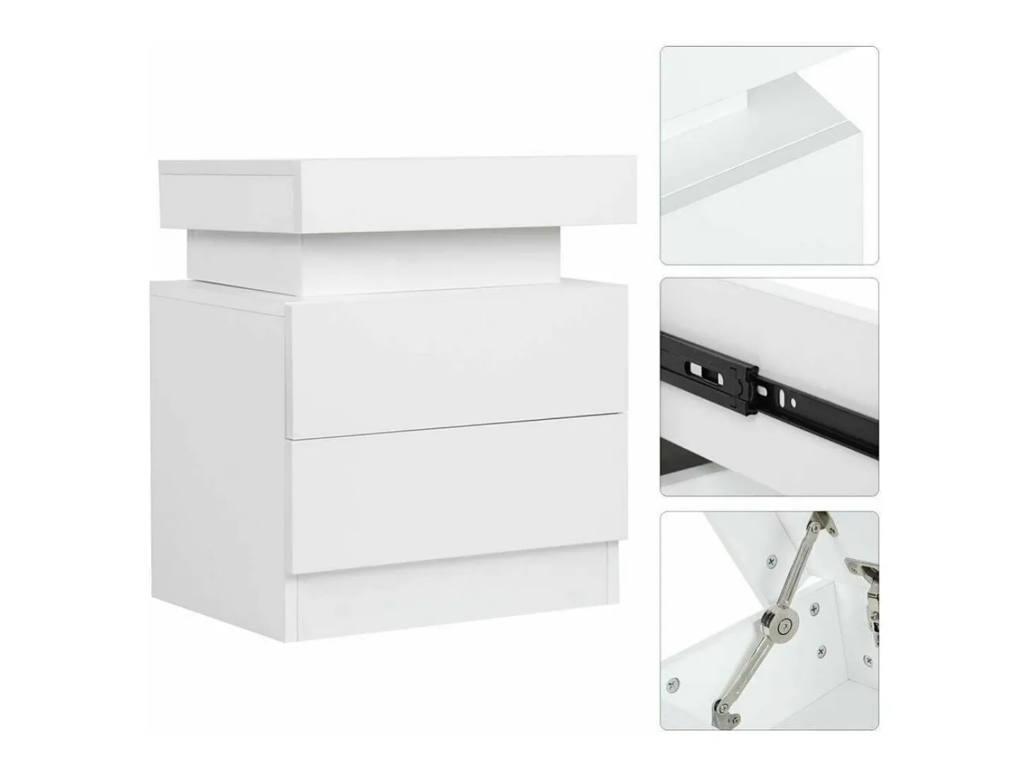 Mesa de cabeceira de alto brilho com luzes LED, Drown Ouce 2 gavetas Night Table Bedroom Móveis - 45x35x52cm - Branco