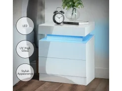 Mesa de cabeceira de alto brilho com luzes LED, Drown Ouce 2 gavetas Night Table Bedroom Móveis - 45x35x52cm - Branco