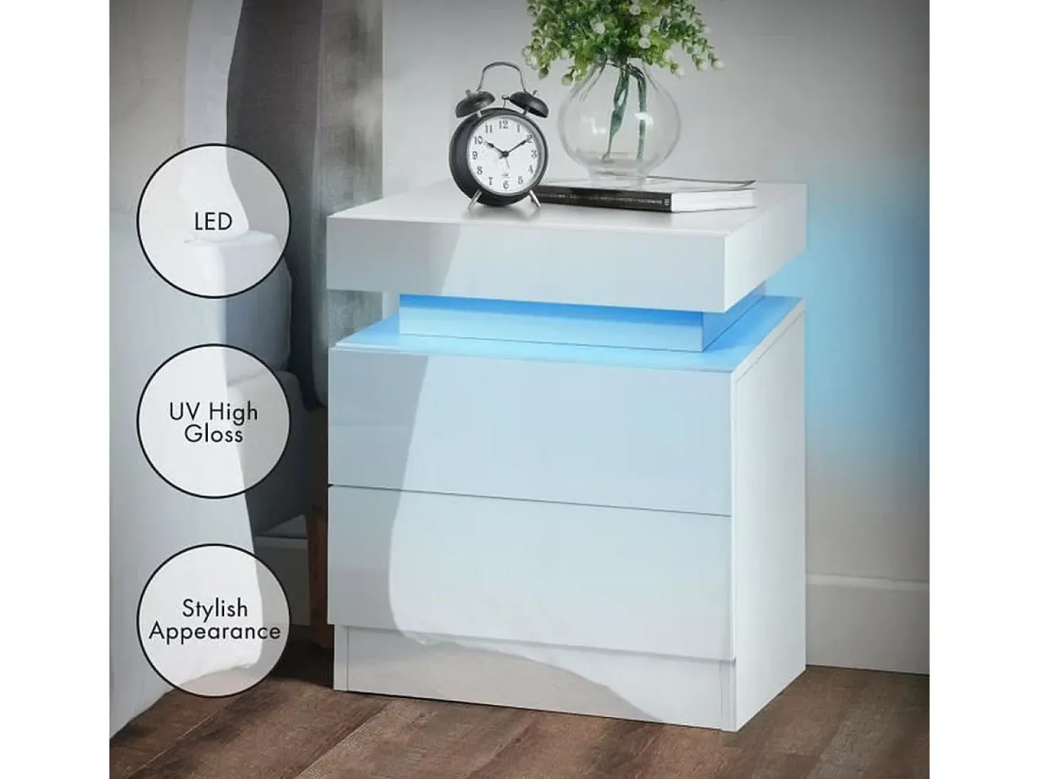Mesa de cabeceira de alto brilho com luzes LED, Drown Ouce 2 gavetas Night Table Bedroom Móveis - 45x35x52cm - Branco
