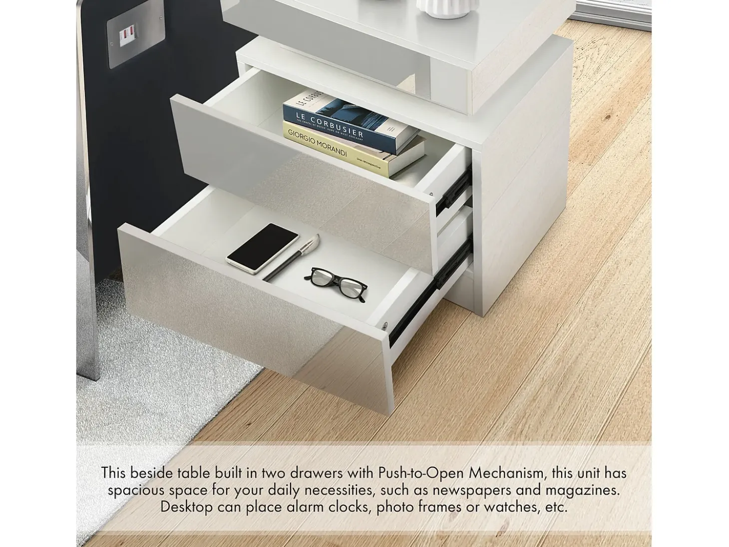 Mesa de cabeceira de alto brilho com luzes LED, Drown Ouce 2 gavetas Night Table Bedroom Móveis - 45x35x52cm - Branco