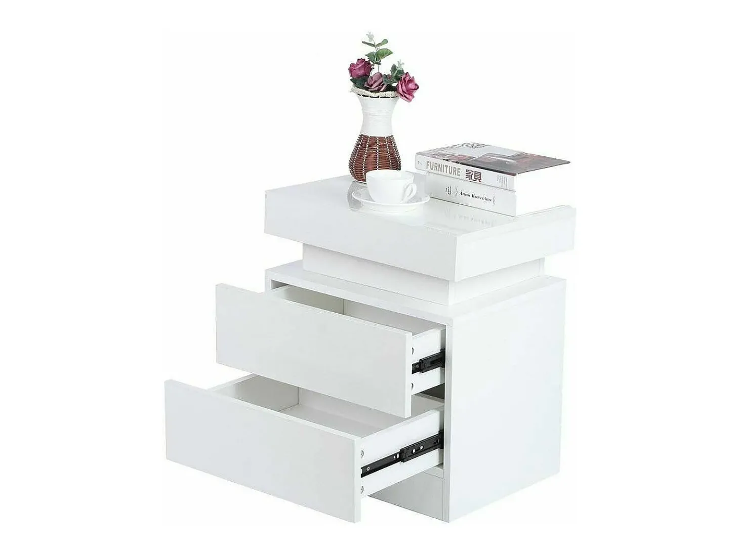 Mesa de cabeceira de alto brilho com luzes LED, Drown Ouce 2 gavetas Night Table Bedroom Móveis - 45x35x52cm - Branco