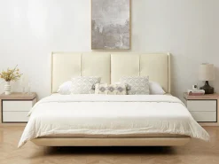 Mesa de cabeceira lado esquerdo 2 gavetas LEDs MDF lacado a branco e natural FLARANCIA