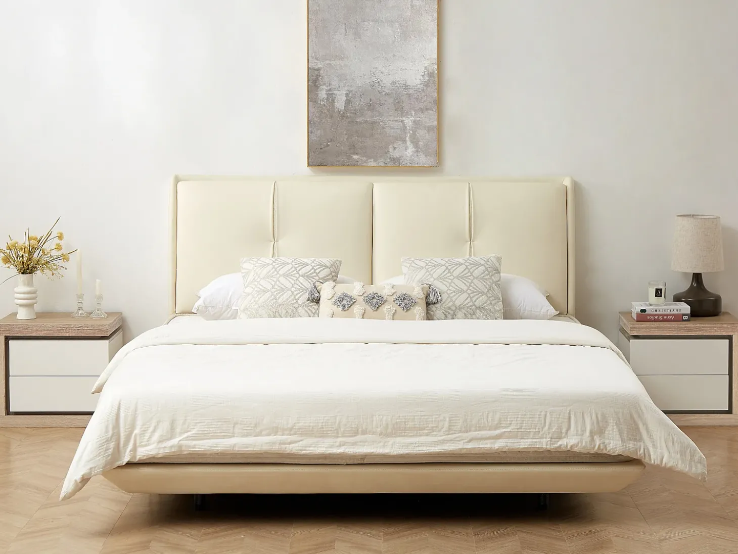 Mesa de cabeceira lado esquerdo 2 gavetas LEDs MDF lacado a branco e natural FLARANCIA