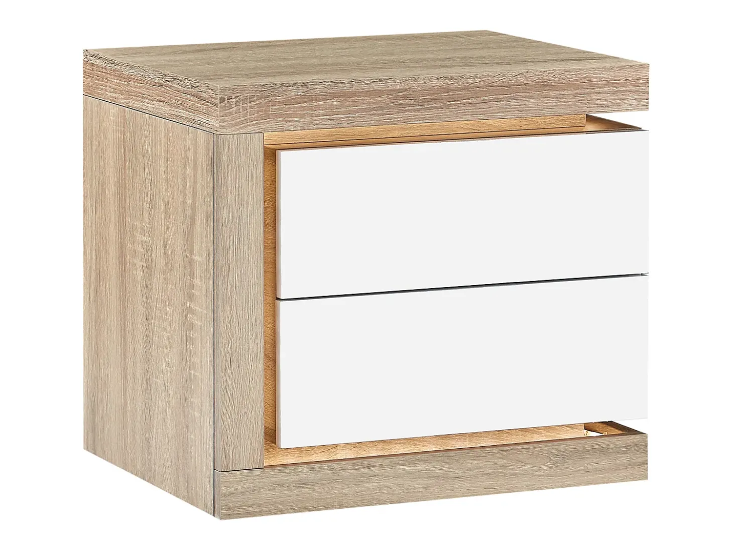 Mesa de cabeceira lado esquerdo 2 gavetas LEDs MDF lacado a branco e natural FLARANCIA
