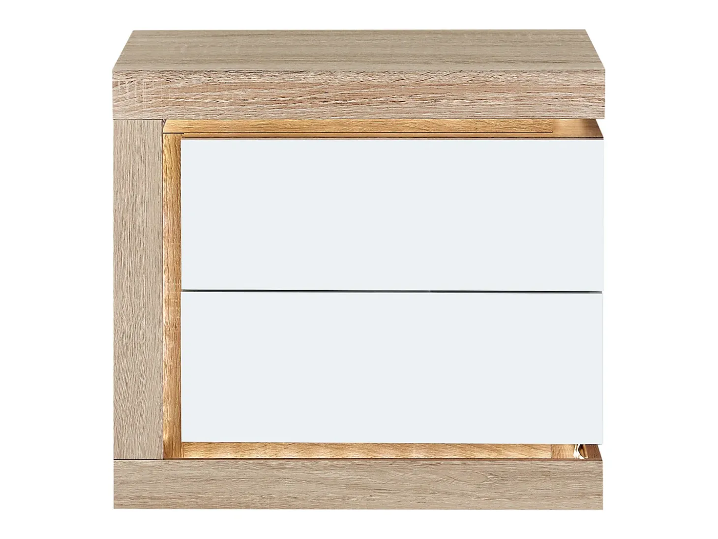 Mesa de cabeceira lado esquerdo 2 gavetas LEDs MDF lacado a branco e natural FLARANCIA