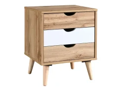Mesa de cabeceira LURVIA com 3 gavetas em tons naturais e branco.