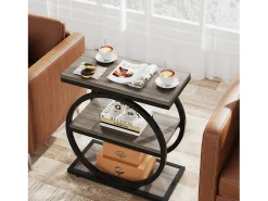 Mesa de Cabeceira, Mesa de Cabeceira Estreita com 3 Prateleiras de Armazenamento, Mesa Lateral Cinza com Molduras de Metal Preto