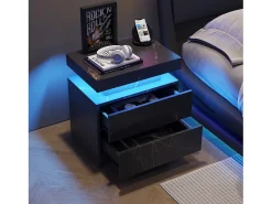 Mesa de cabeceira, mesa de cabeceira LED, iluminação de armário, mesa de apoio moderna com 2 gavetas para quarto (preto dourado)