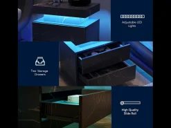 Mesa de cabeceira, mesa de cabeceira LED, iluminação de armário, mesa de apoio moderna com 2 gavetas para quarto (preto dourado)