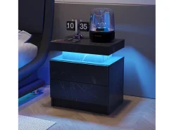 Mesa de cabeceira, mesa de cabeceira LED, iluminação de armário, mesa de apoio moderna com 2 gavetas para quarto (preto dourado)