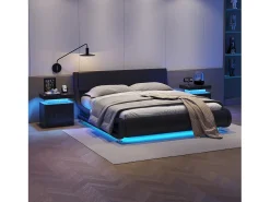 Mesa de cabeceira, mesa de cabeceira LED, iluminação de armário, mesa de apoio moderna com 2 gavetas para quarto (preto dourado)