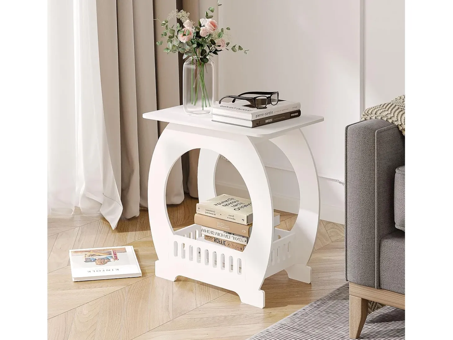 Mesa de cabeceira, mesa noturna com cesta, mesa de café de pequenos espaços, extremidade do sofá, mesa da sala - 44x30x46cm - branco