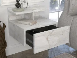 Mesa de cabeceira suspensa com 1 gaveta e 1 prateleira efeito mármore branco - AZELNO